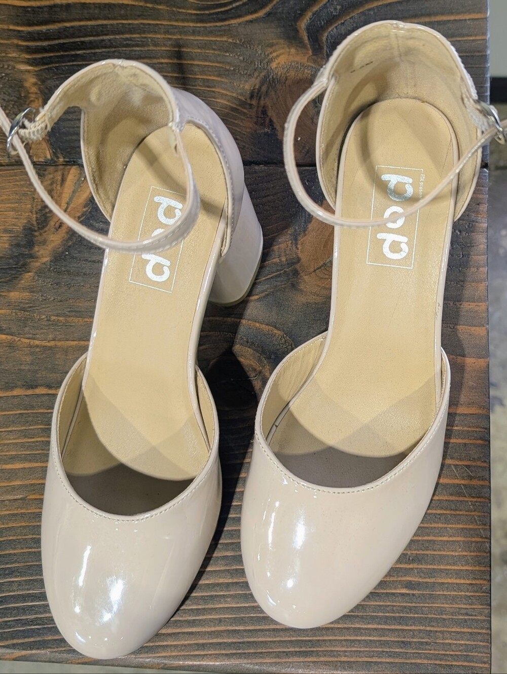 Pop Nude Patent Ankle-Strap Block Heel Pumps